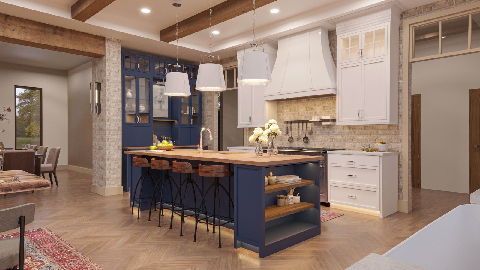 custom home builder Philly pa - custom kitchen - dining room - exposed beams - white accents - blue cabinets- breakfast bar- brick - design home studios