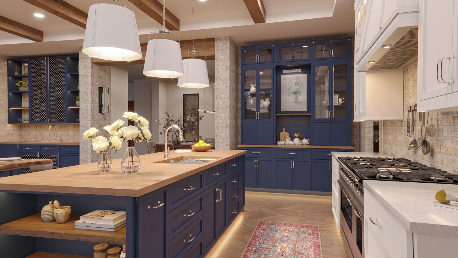 custom home builder Philly pa - custom kitchen - dining room - exposed beams - white accents - blue cabinets- kitchen island - brick - design home studios
