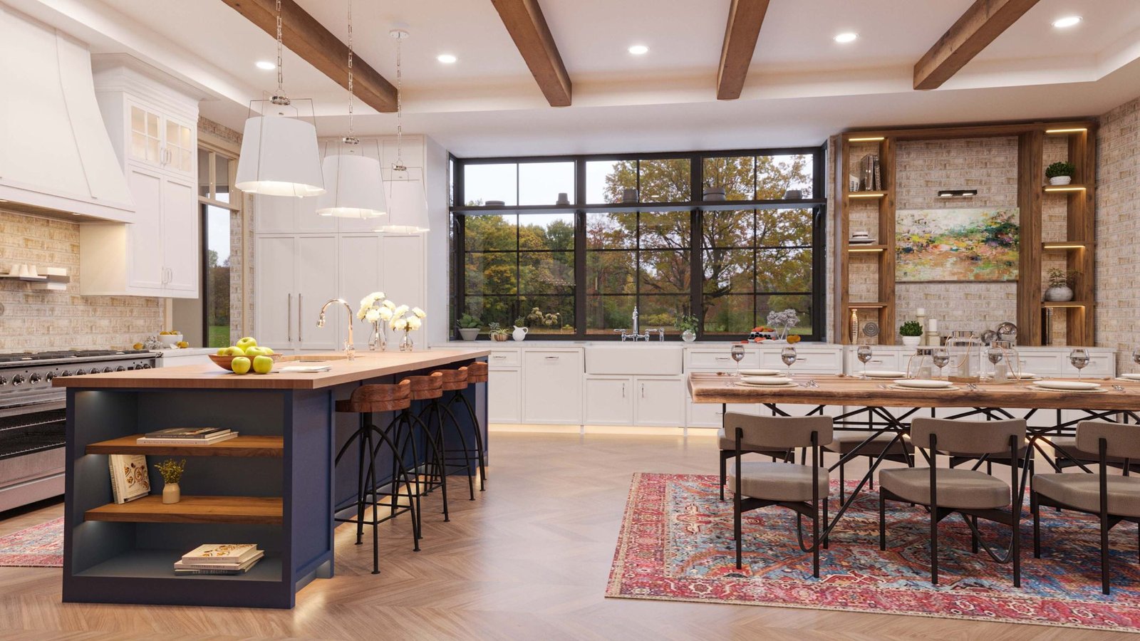 custom home builder Philly pa - custom kitchen - dining room - exposed beams - white accents - blue cabinets- open shelving - design home studios