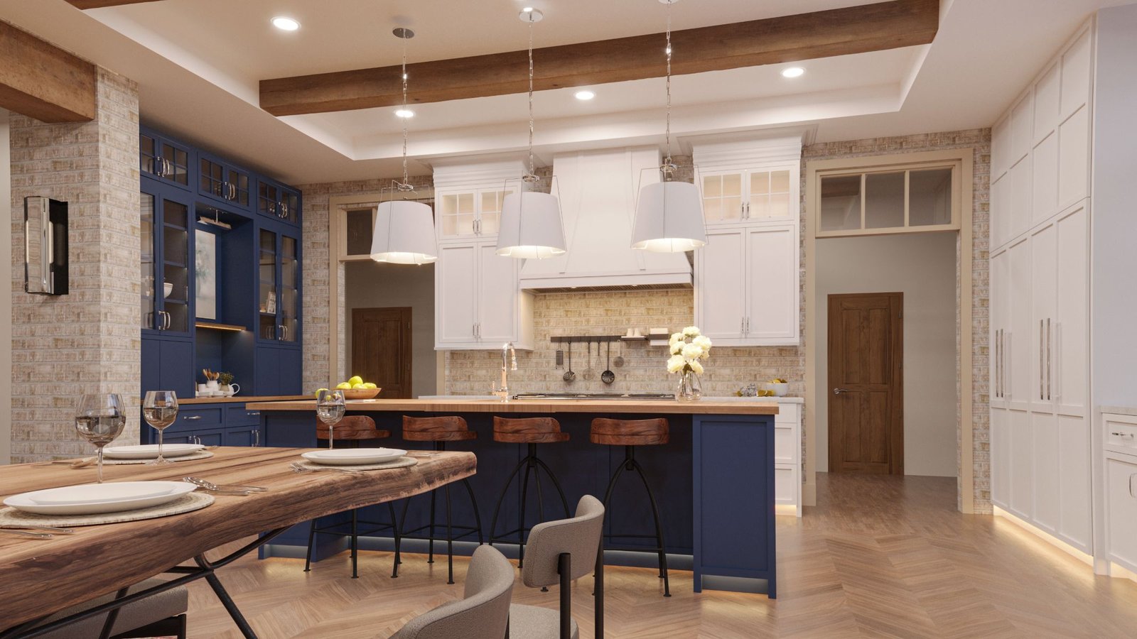 custom home builder Philly pa - custom kitchen - dining room - exposed beams - white accents - blue cabinets- open shelving- brick - design home studios