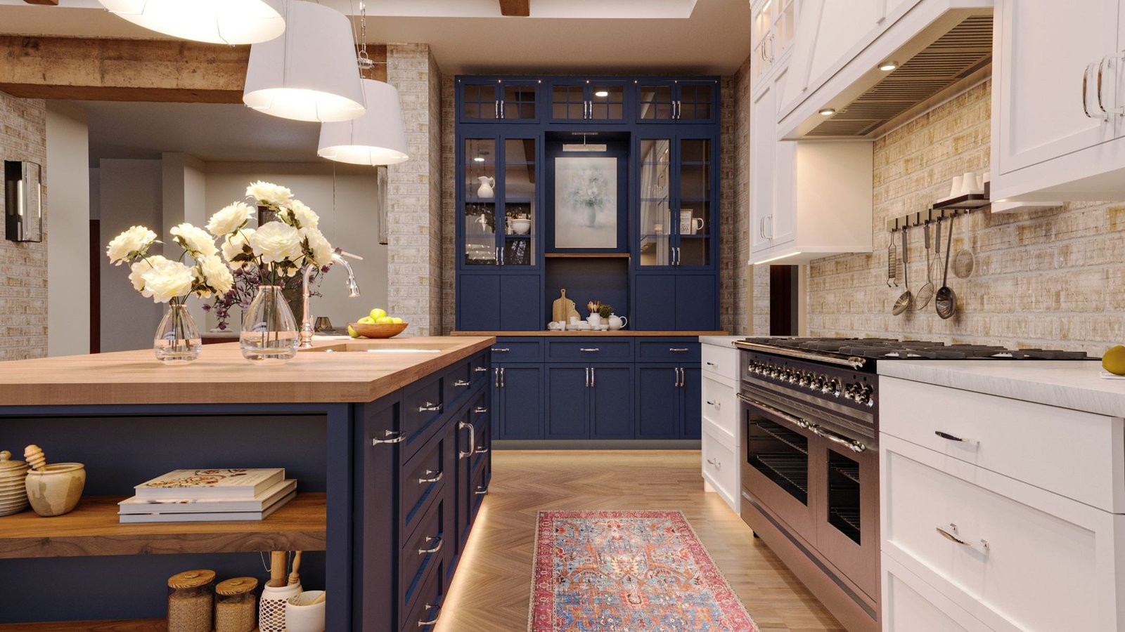 best custom home builder in Wayne pa - custom kitchen - blue cabinets - wood floors - white accents - underlit cabinets - design home studios