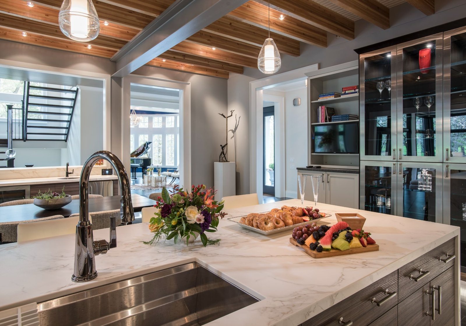 custom home builder Wayne pa - fruit pastries - exposed beams - kitchen island