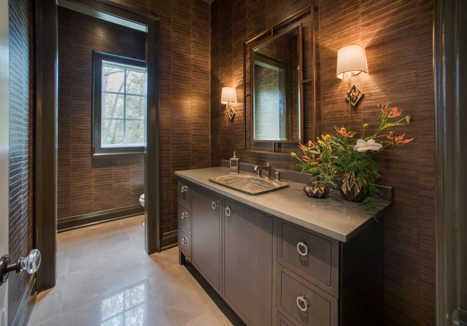 custom home builder Wayne pa - spa bathroom - dark walls - brown accents