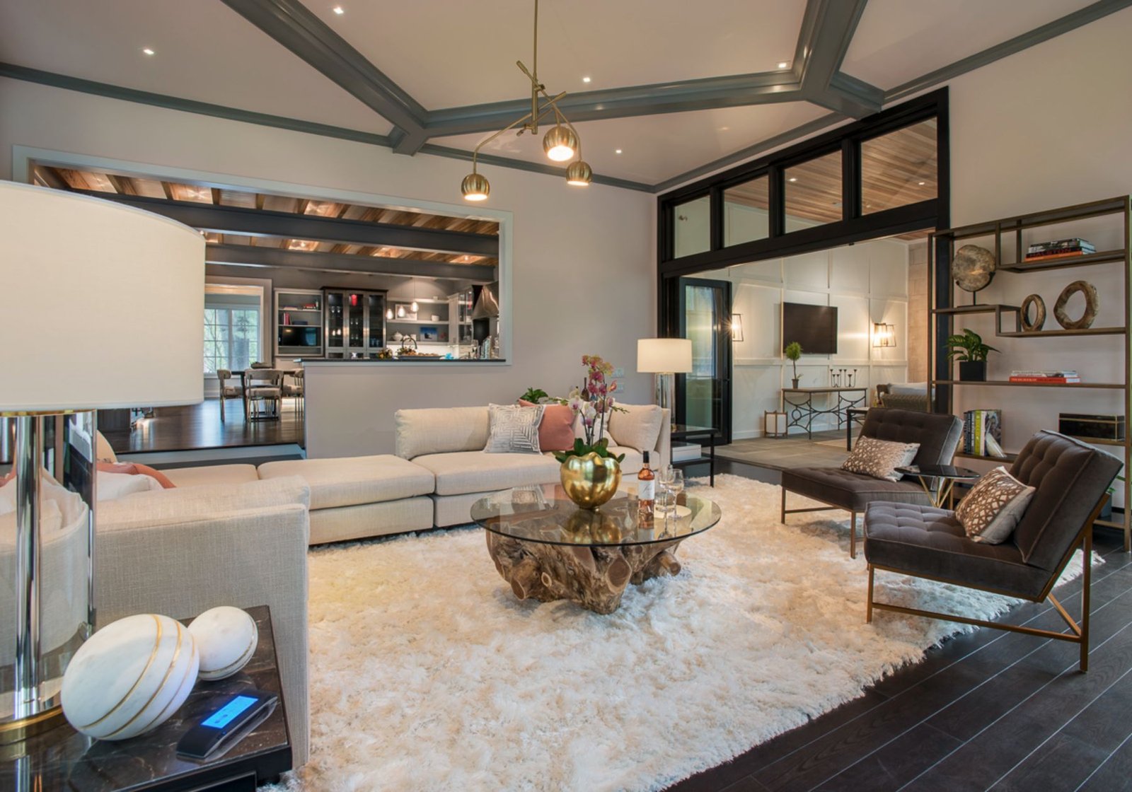 design home studios - best custom home builder Philadelphia pa - living room - plush white carpet - globe lighting - geometric ceiling