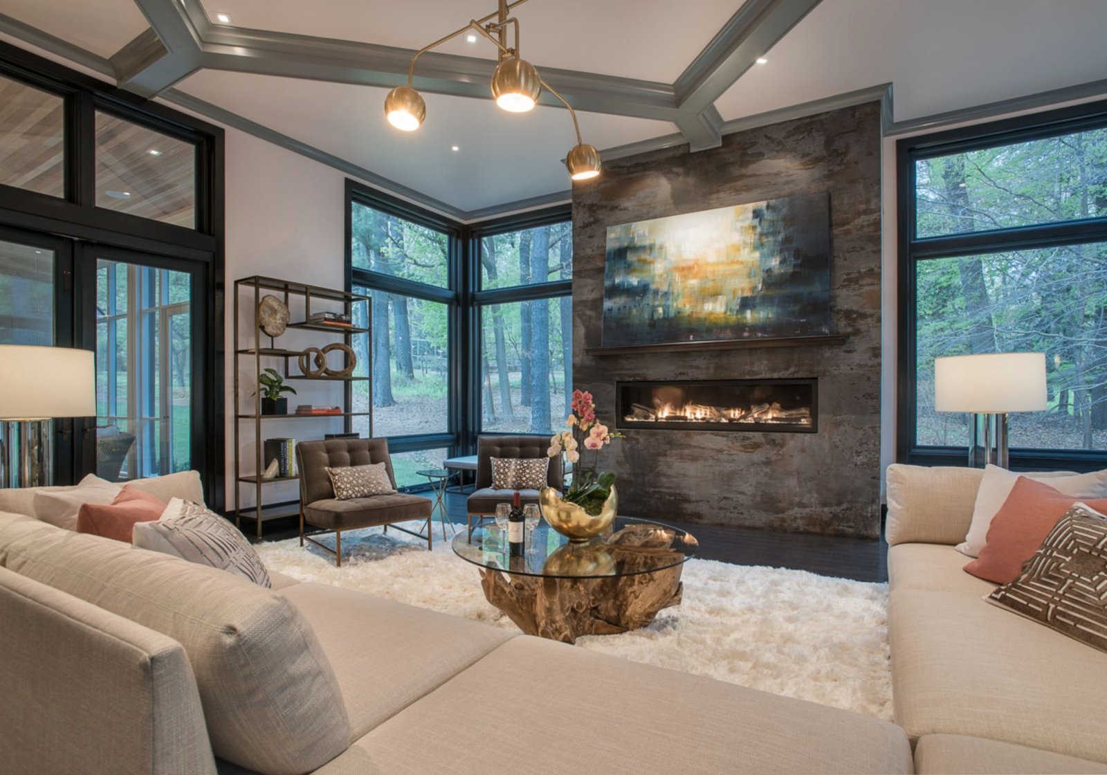 design home studios - best custom home builder Wayne pa - living room - plush white carpet - fireplace - geometric ceiling