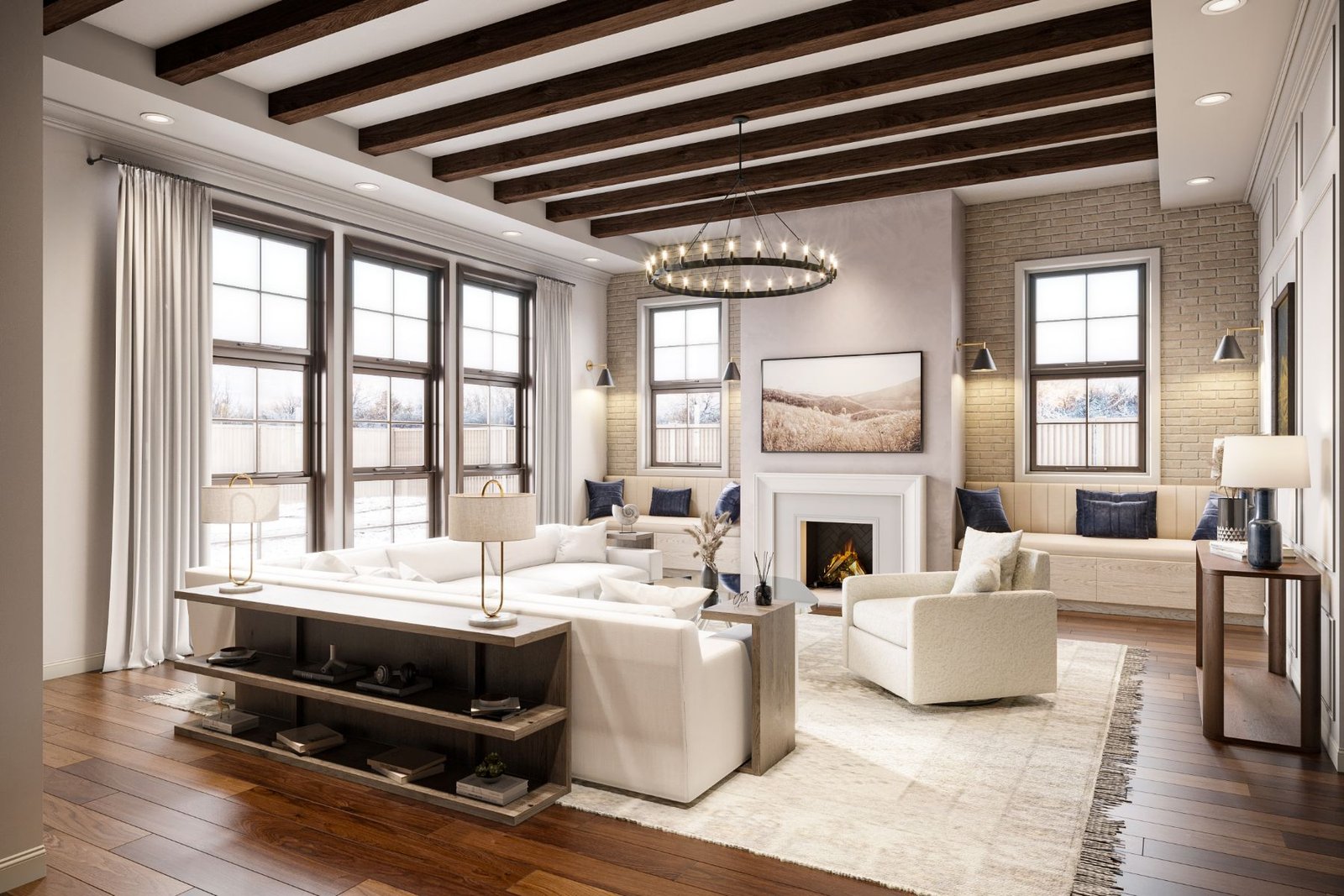 custom home builder - family room - white furniture - exposed beams - design home studios