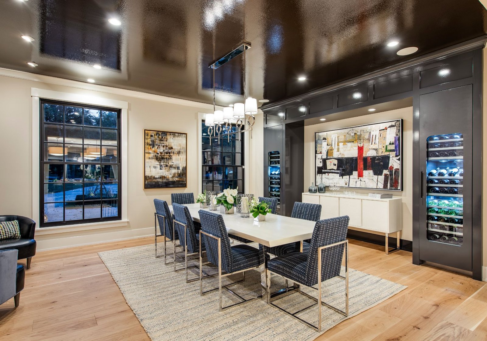 new homes Philadelphia pa - design home studios - dining room - wine room - blue chairs - wood floors - black ceiling