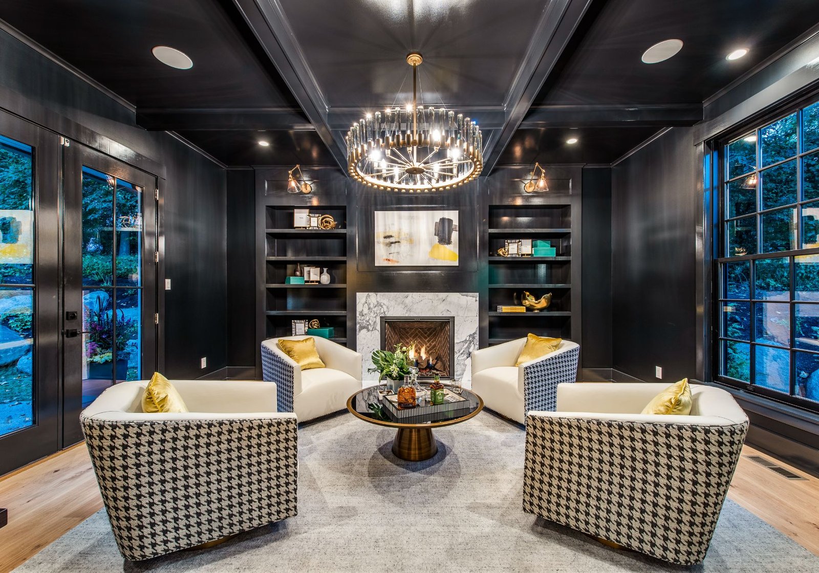 design home studios - custom home builder Philadelphia pa - black walls black ceiling - marble fireplace