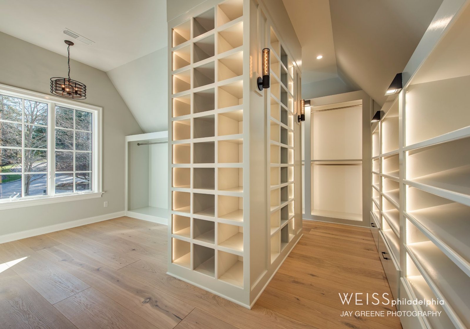 design home studios - custom walk in closet - underlit shelving - Wayne pa