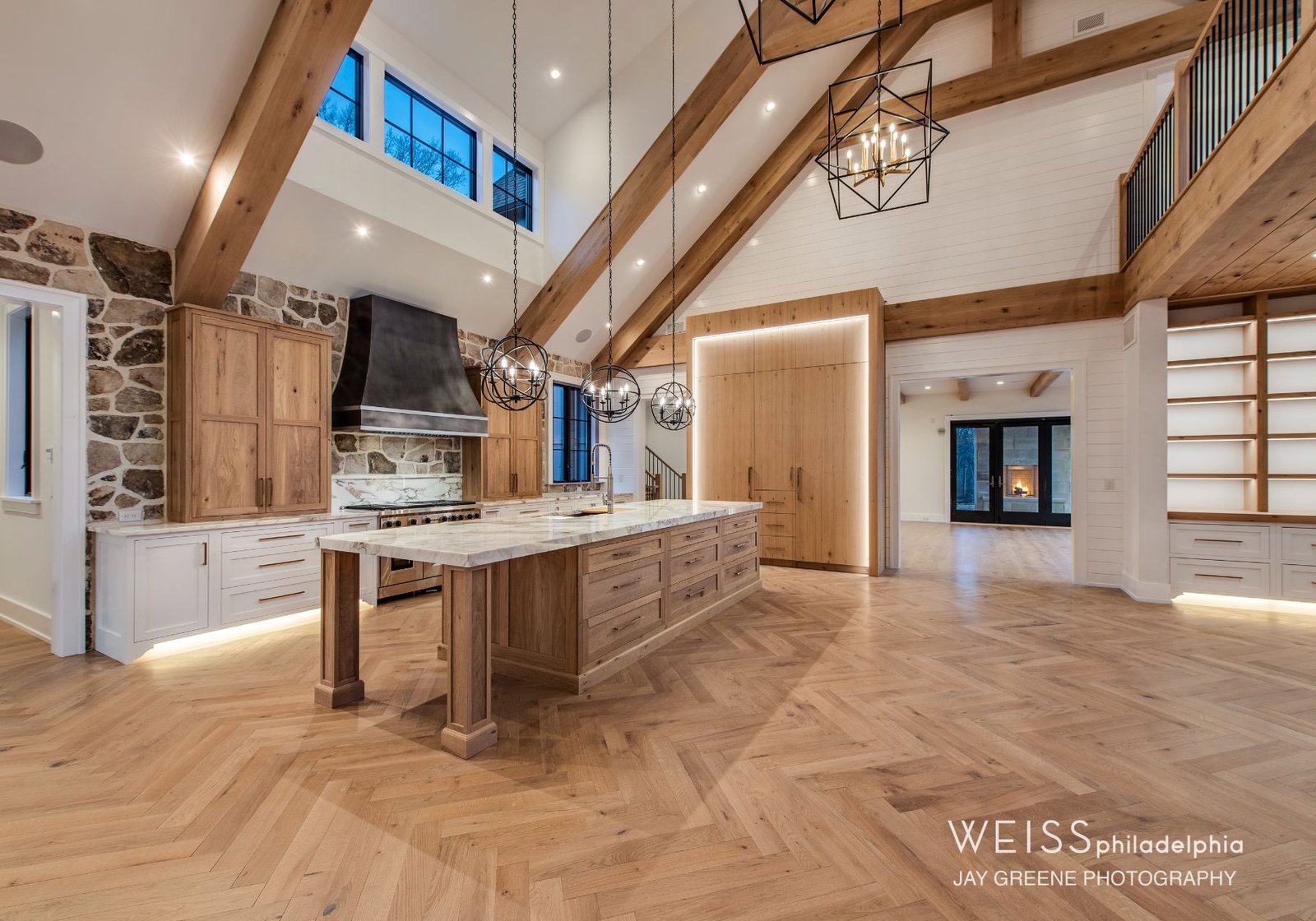 best custom homes wayne pa - design home studios - kitchen - light cabinets white countertops - exposed beams - farmhouse - wide angle