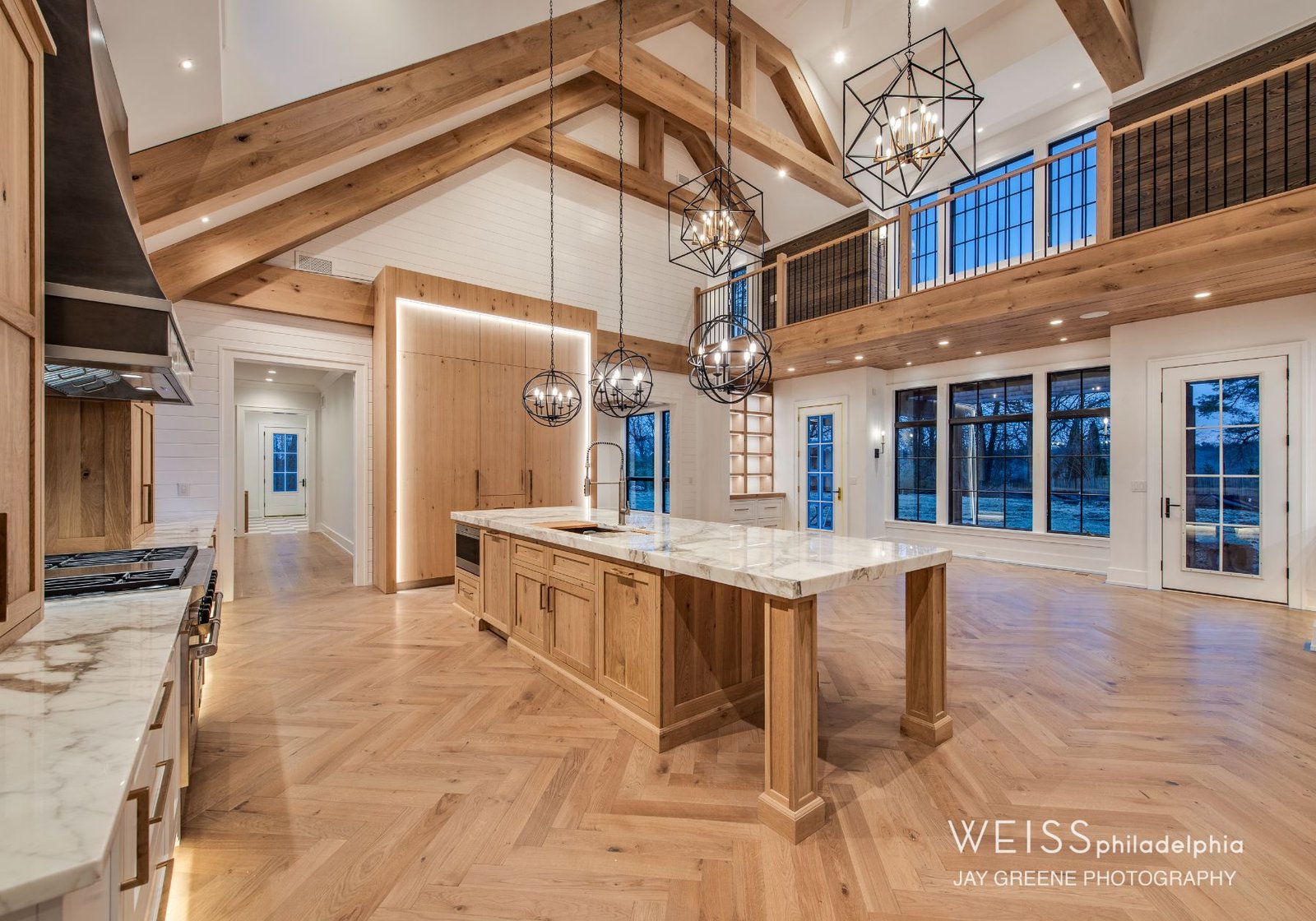 best custom homes wayne pa - design home studios - kitchen - light cabinets white countertops - exposed beams - farmhouse - wide angle