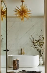 new homes Philadelphia pa - design home studios - custom bathroom - fur rug - dark cabinets - brushed metal hardware - globe lighting - contemporary custom home bathtub
