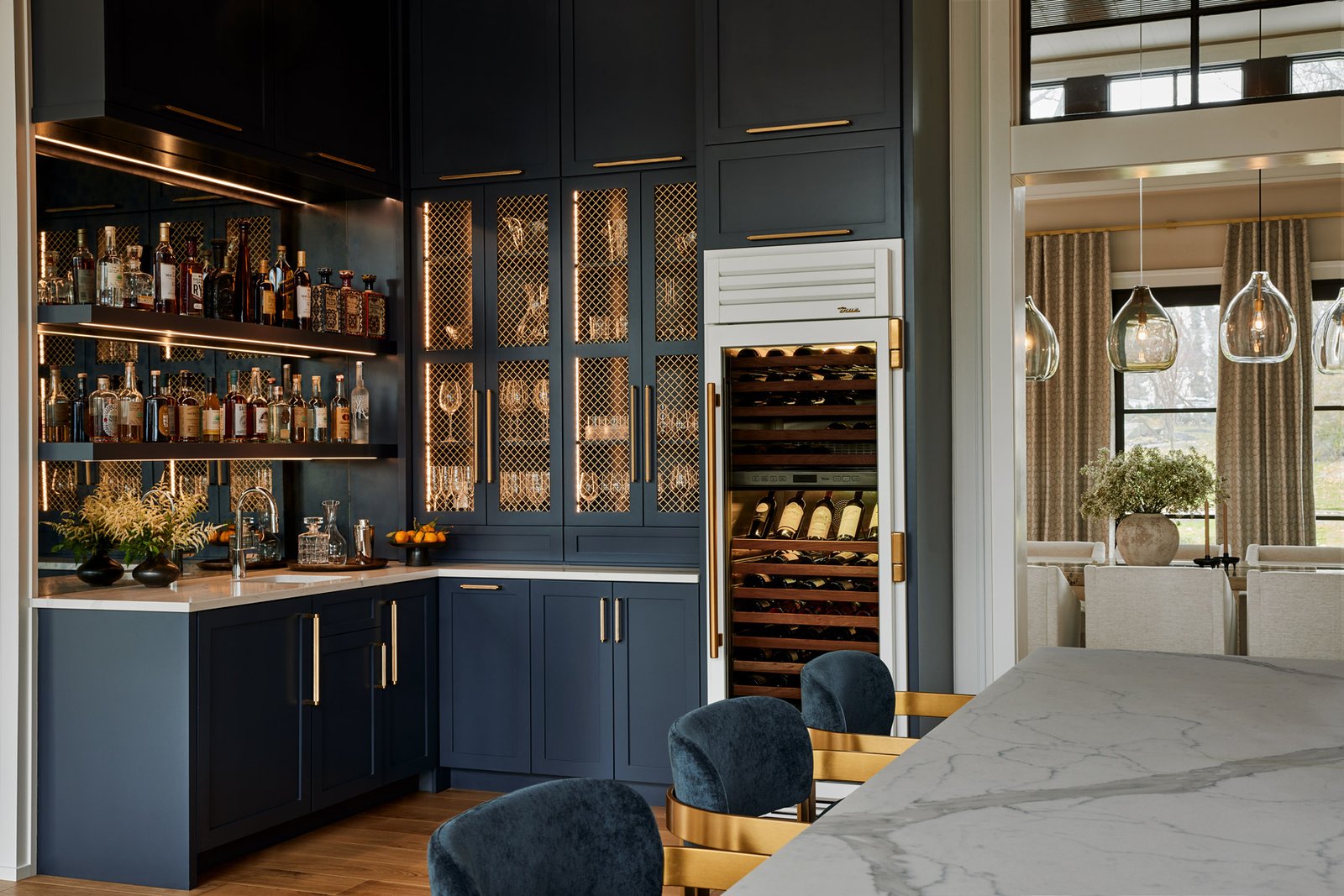 new homes Philadelphia pa - design home studios - kitchen bar - wine bar - best custom home builder in Wayne pa - blue cabinets - brushed metal hardware