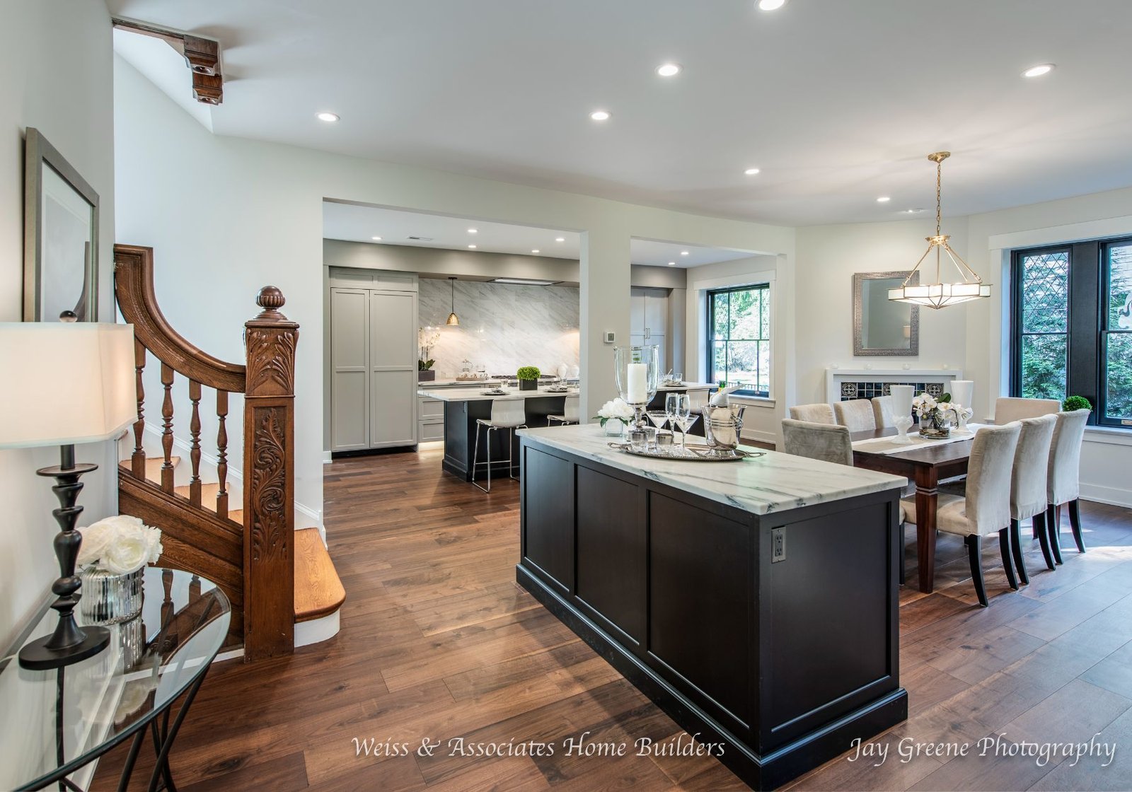midland rd - best custom home builder Wayne pa - black kitchen island white countertop - staircase
