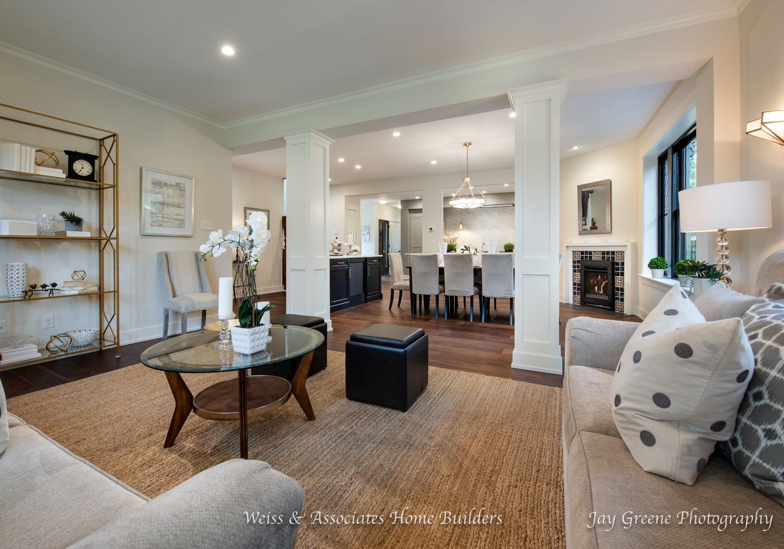 midland rd - custom home in Wayne pa - white walls pillars - grey sofa - design home studios